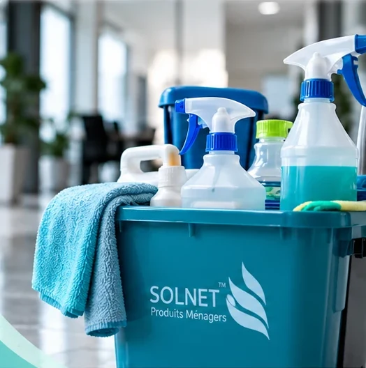 Seau SOLNET Produits Ménagers rempli de produits d'entretien